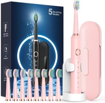 M5 Sonic Electric Toothbrush for Adults - Rechargeable Electric Toothbrush with 8 Brush Heads & Travel Case, Power Electric Toothbrush with Holder, 3 Hours Charge for 120 Days - Pink
